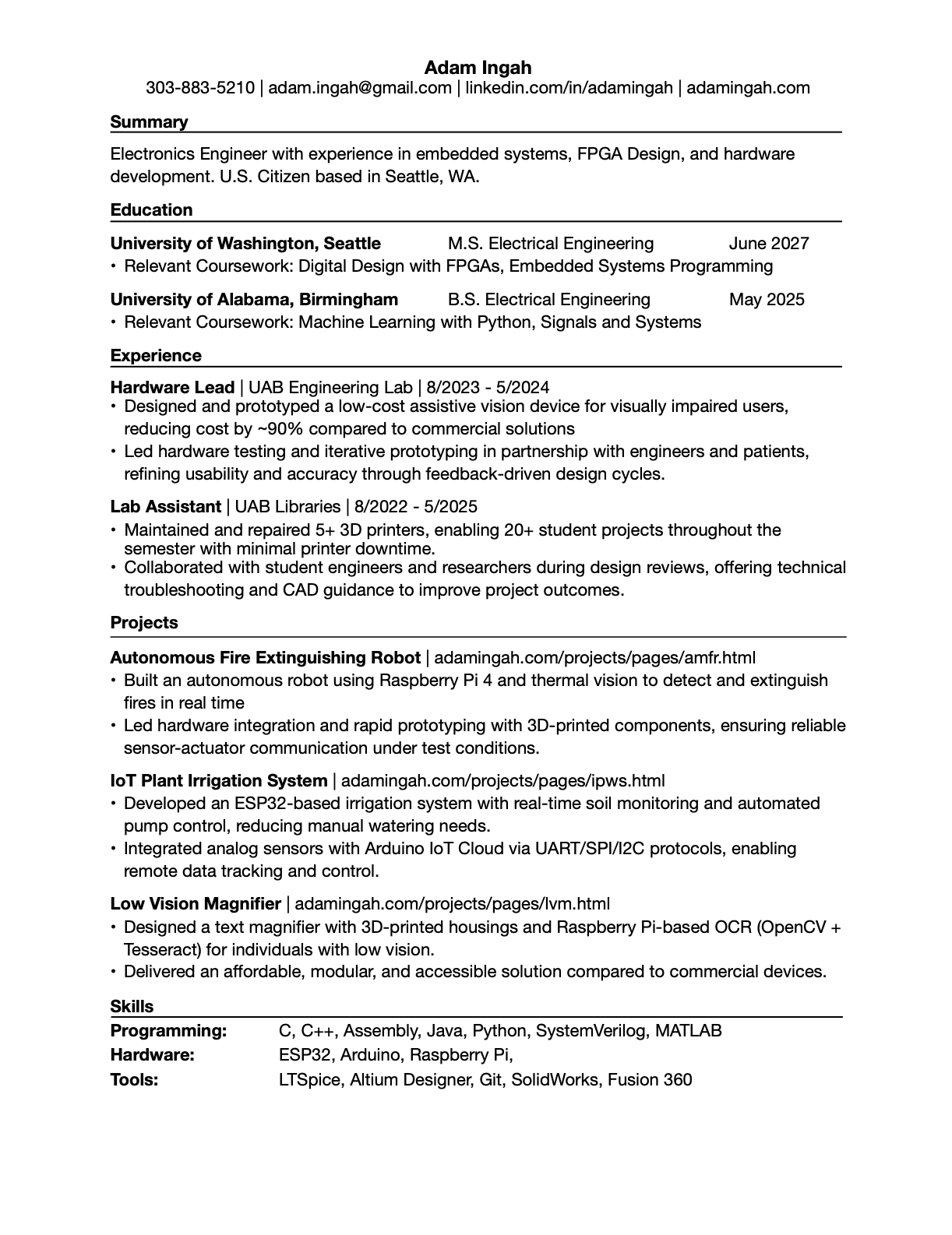 Adam Ingah's resume
